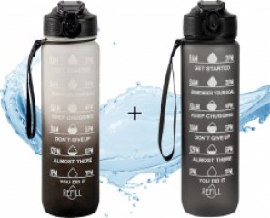 Vipes® Motivatie Waterfles - 1+1 gratis - Drinkfles 1 liter - Tijdsmarkering - Drinkfles met rietje - Bidon - Zwart & Grijs