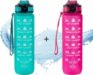 Vipes® Motivatie Waterfles - 1+1 gratis - Drinkfles 1 liter - Tijdsmarkering - Drinkfles met rietje - Bidon - Roze & Cyan